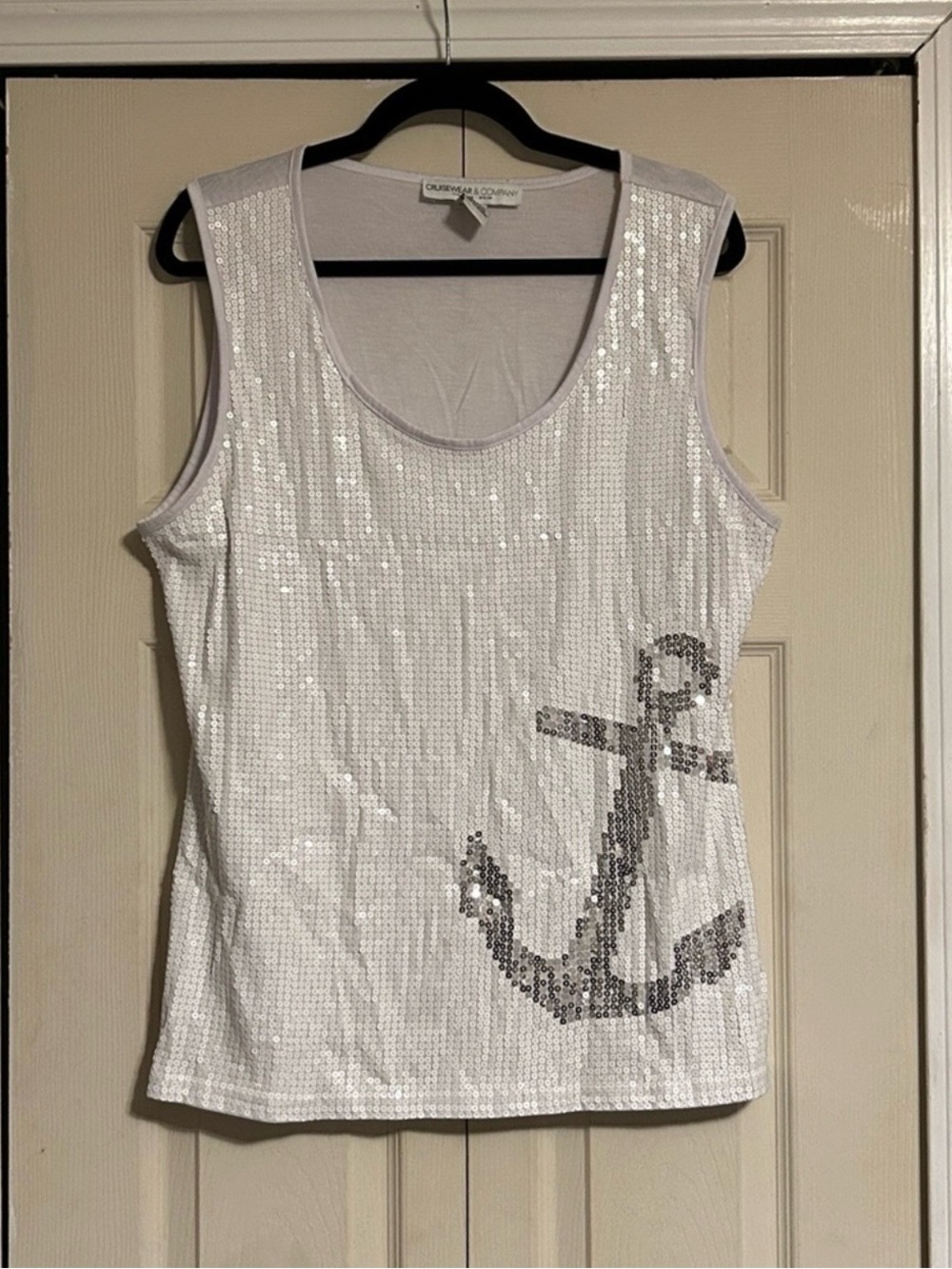 White Sequin Anchor Tank Top